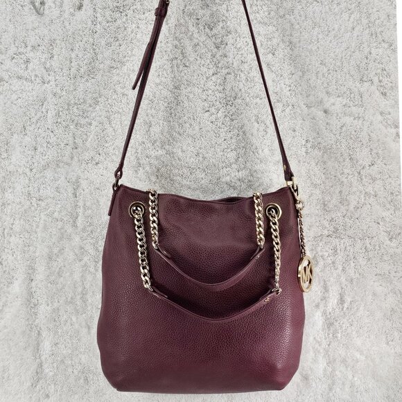 MICHAEL KORS Merlot Pebble Leather Hobo Satchel Shoulder Bag Large Logo Charm - Picture 2 of 15
